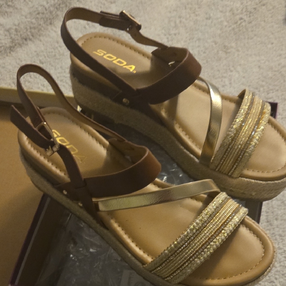 Soda Gold and Brown Strappy Sandals with Rhinestone Embellishments